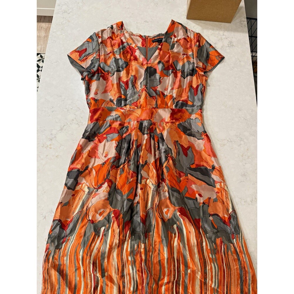 Banana Republic Orange Abstract 100% Silk Blend V-Neck Fit & Flare Dress 14
